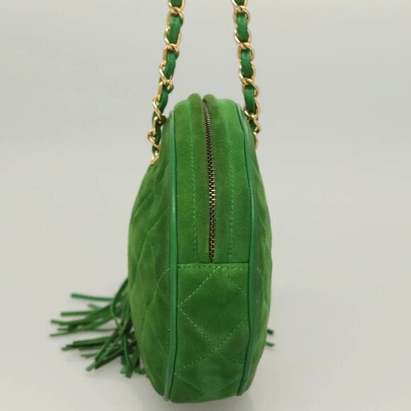CHANEL Matelasse Chain Hand Bag Suede 2way Green Gold CC Auth 127613 - Picture 5 of 16